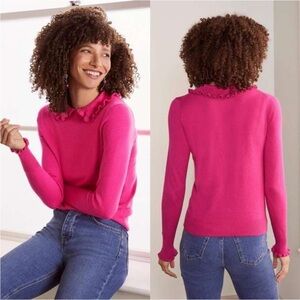 Boden Bernadette Ruffle Trim Wool Blend Crew Neck Sweater Fuchsia Pink